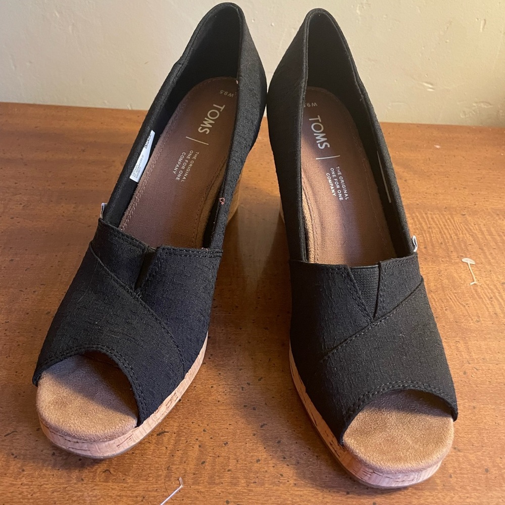 Toms Black and Brown Wedge Peep-Toe Shoes